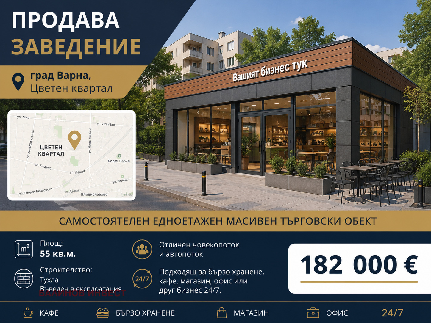 Продава ЗАВЕДЕНИЕ, гр. Варна, Цветен квартал
