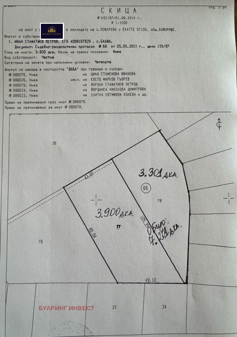 Продава  Парцел област София , с. Пожарево , 7201 кв.м | 52237800