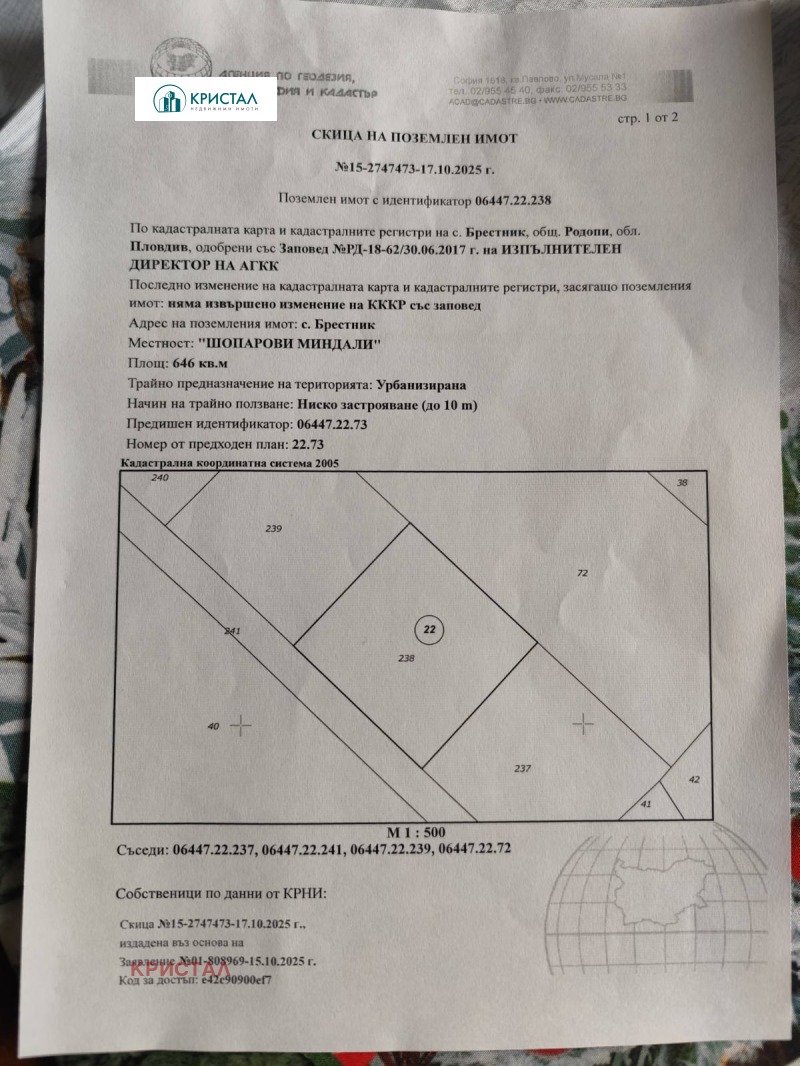 Продава ПАРЦЕЛ, с. Брестник, област Пловдив