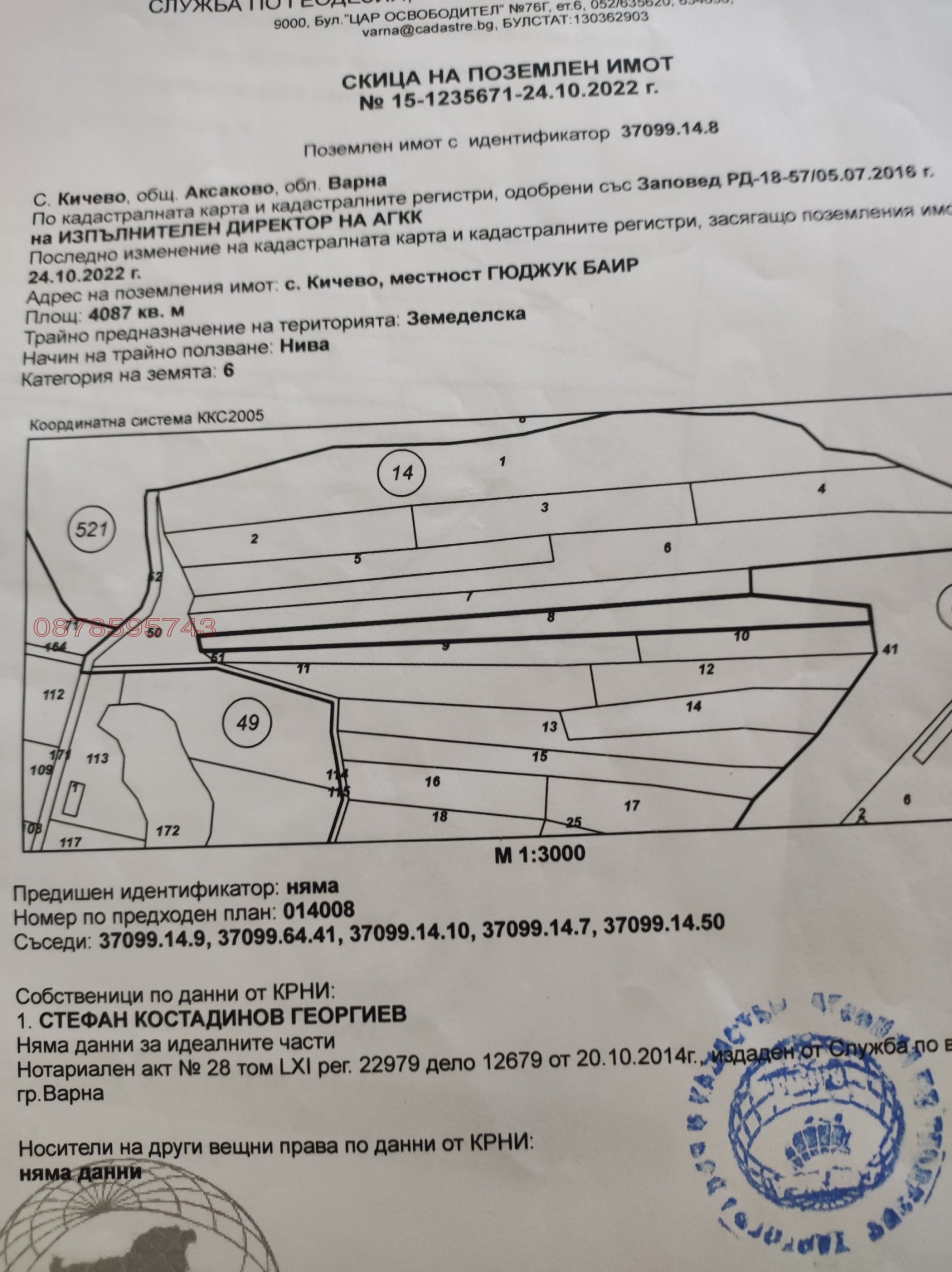 Продава ЗЕМЕДЕЛСКА ЗЕМЯ, с. Кичево, област Варна