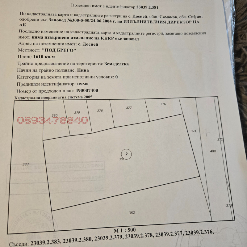 Продава ЗЕМЕДЕЛСКА ЗЕМЯ, с. Доспей, област София област