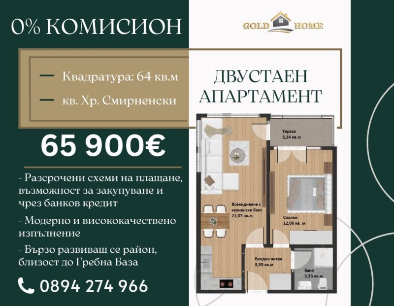 Satılık  1 yatak odası Plovdiv , Hristo Smirnenski , 64 metrekare | 10158077