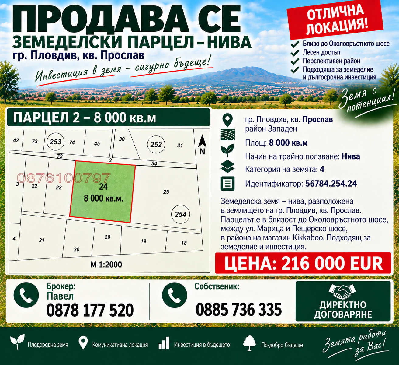 Продава ПАРЦЕЛ, гр. Пловдив, Прослав