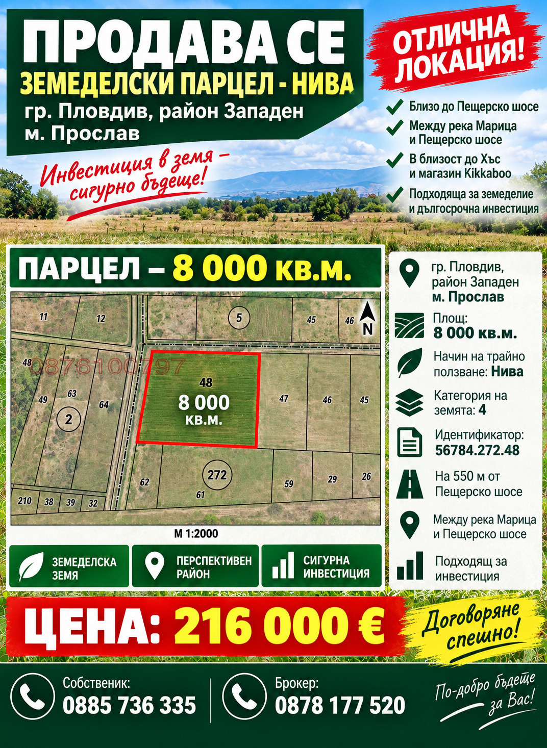 Продава ПАРЦЕЛ, гр. Пловдив, Прослав
