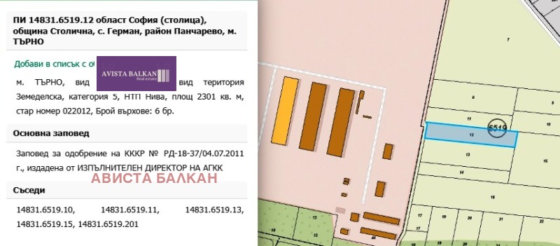 Продава ПАРЦЕЛ в град София, в.з.Врана - Герман - 2300 кв.м / 276 000 € » 539 809.08 лв., АВИСТА БАЛКАН
