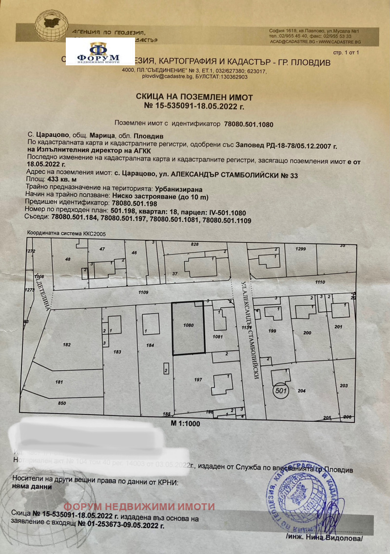 Продава ПАРЦЕЛ в област Пловдив, с. Царацово - 433 кв.м / 89 000 € » 174 068.87 лв., ФОРУМ НЕДВИЖИМИ ИМОТИ